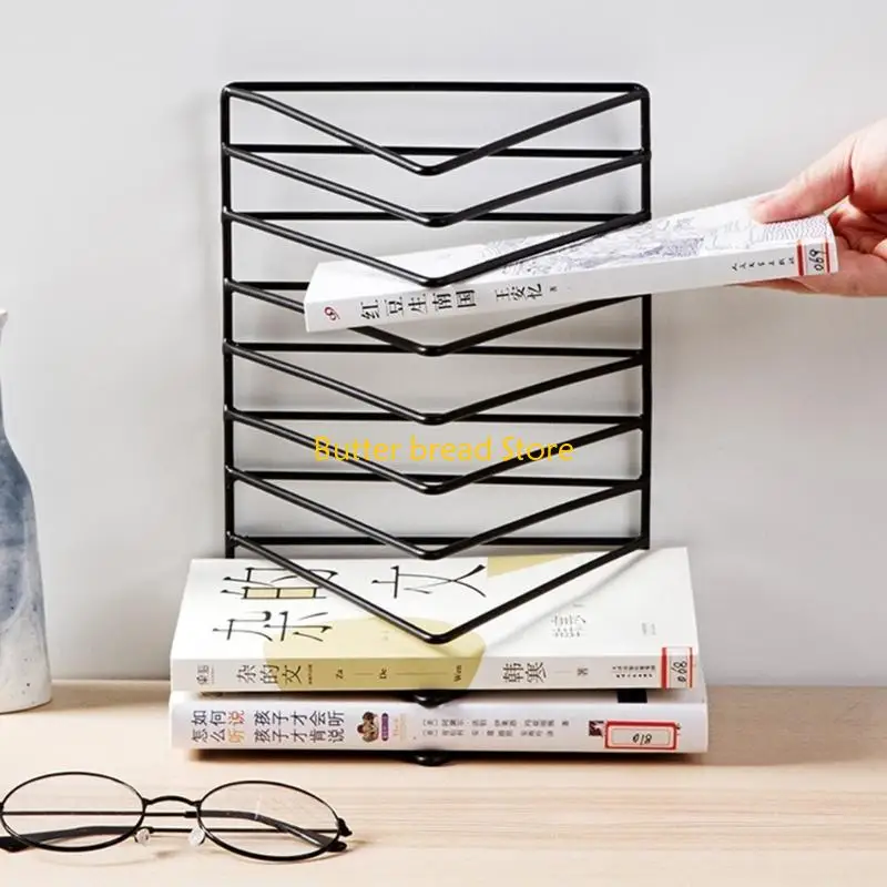 W89C Triangular Metal Book End 9 Compartments Desk Book Organizers Magazine Rack