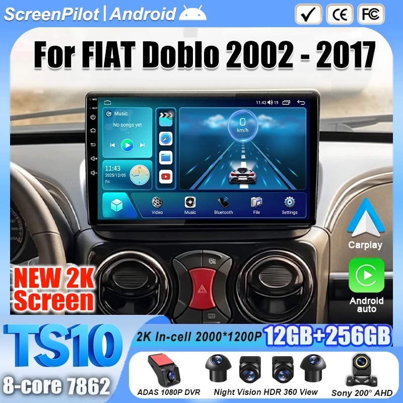 Android 16 For FIAT Doblo 2002 - 2017 Multimedia Video Player Android Auto Touch Screen 8 Core 2K QLED RDS Stereo Head Unit 5G