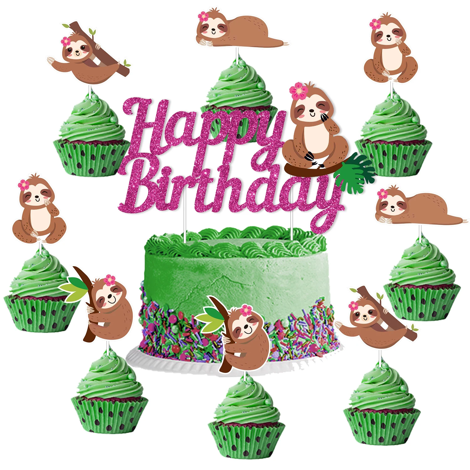 Sloth Themed Birthday Cake Toppers Decor, Glitter Paper, Happy Birthday Cake Topper for Kid, Jungle Animals Party Supplies