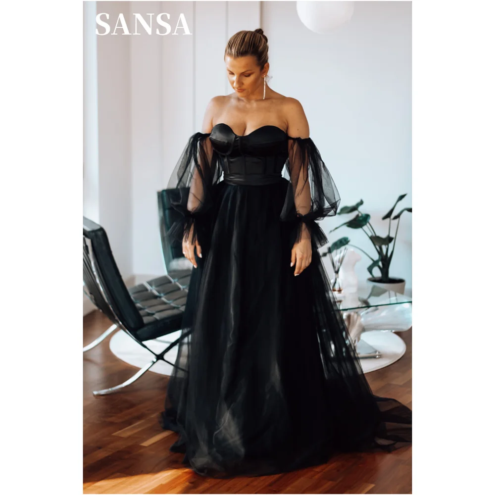 

Sansa Sexy Off Shoulder A-line فساتين سهره فاخره 2023 Gothic Black فساتين للحفلات الراقصة Elegant Sweetheart Tulle Prom Dress