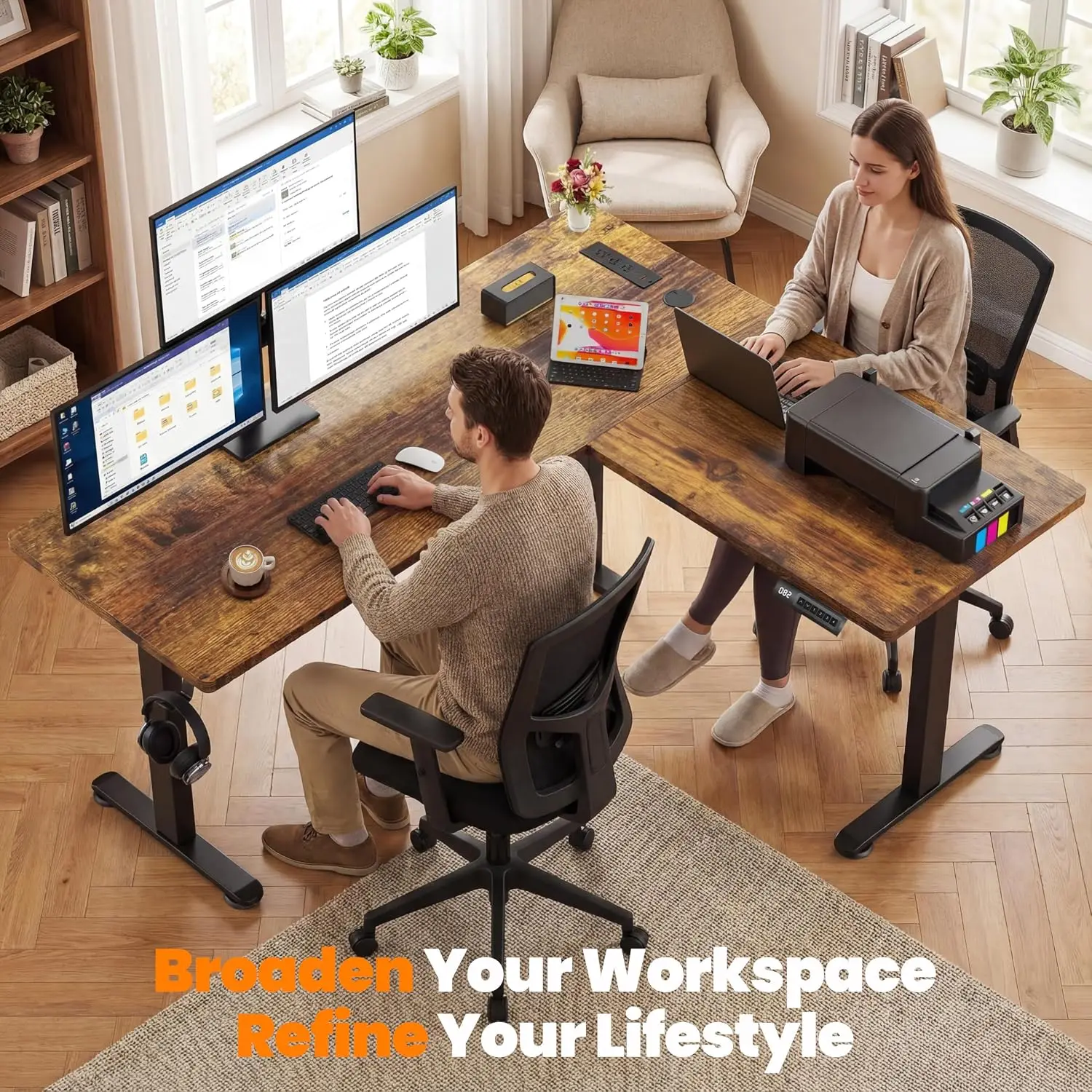 L Shaped Electric Standing Desk with Outlets, Adjustable Height Corner Workstation with Mouse Pad & Hook, 63x55 Inch, Customized