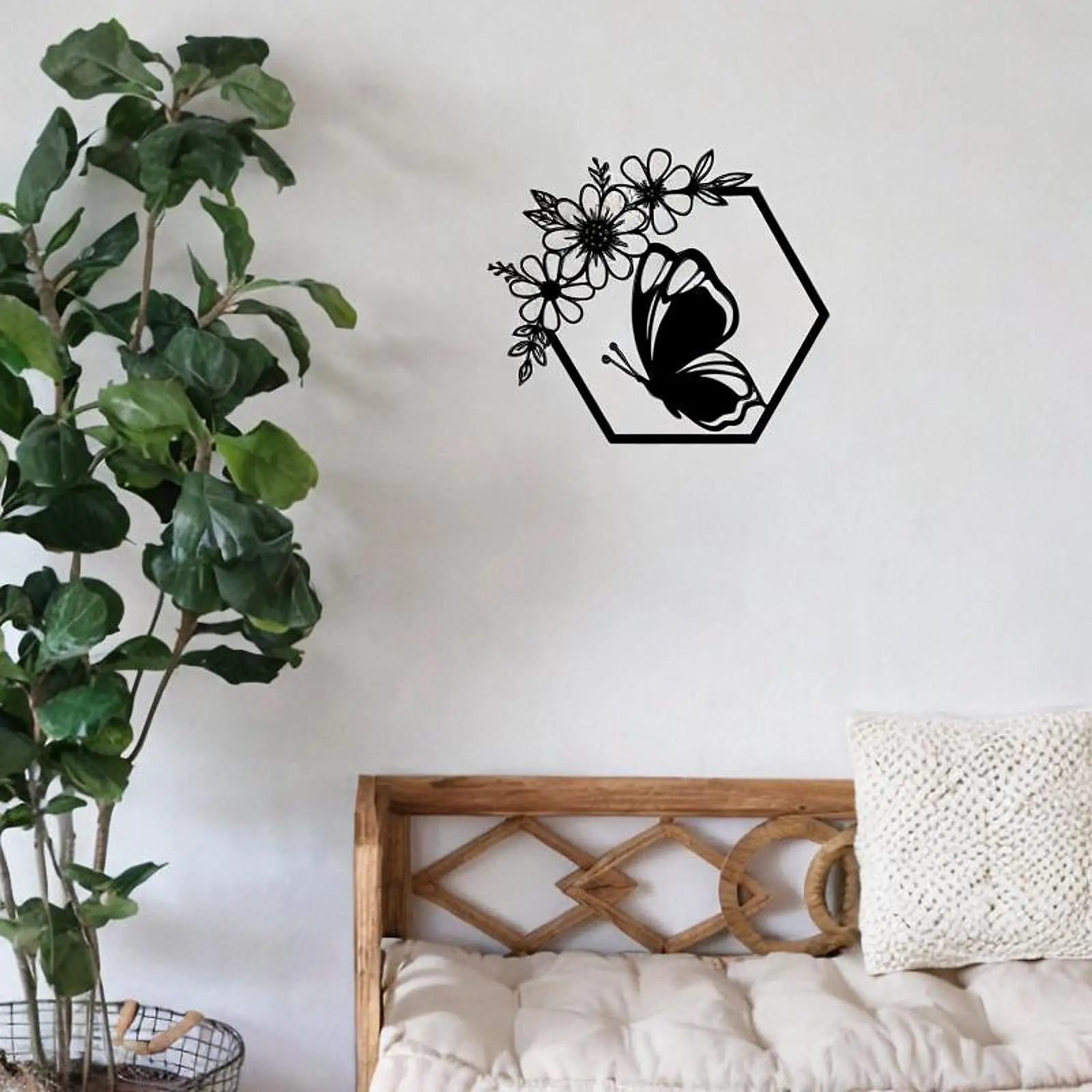 Metal Butterfly Wall Decor Hexagon Iron Hanging Flowers Craft Floral Decoration Black for Indoor Bedroom Doorway Kitchen Porch