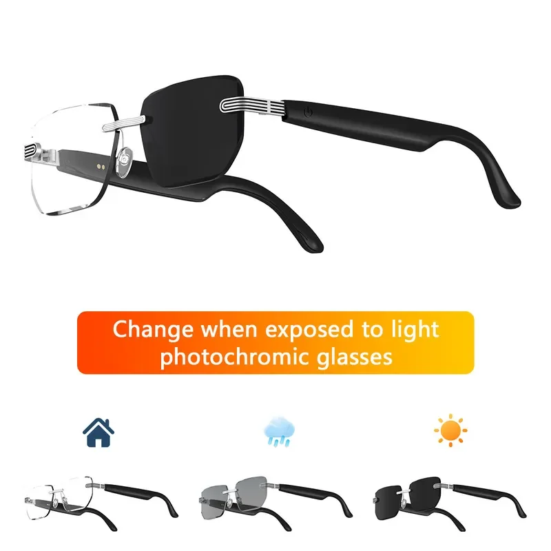 Smart AI Translation Glasses Bluetooth Audio Sunglasses Photochromic Frameless Eyewear Real Time Language Interpreter Unisex