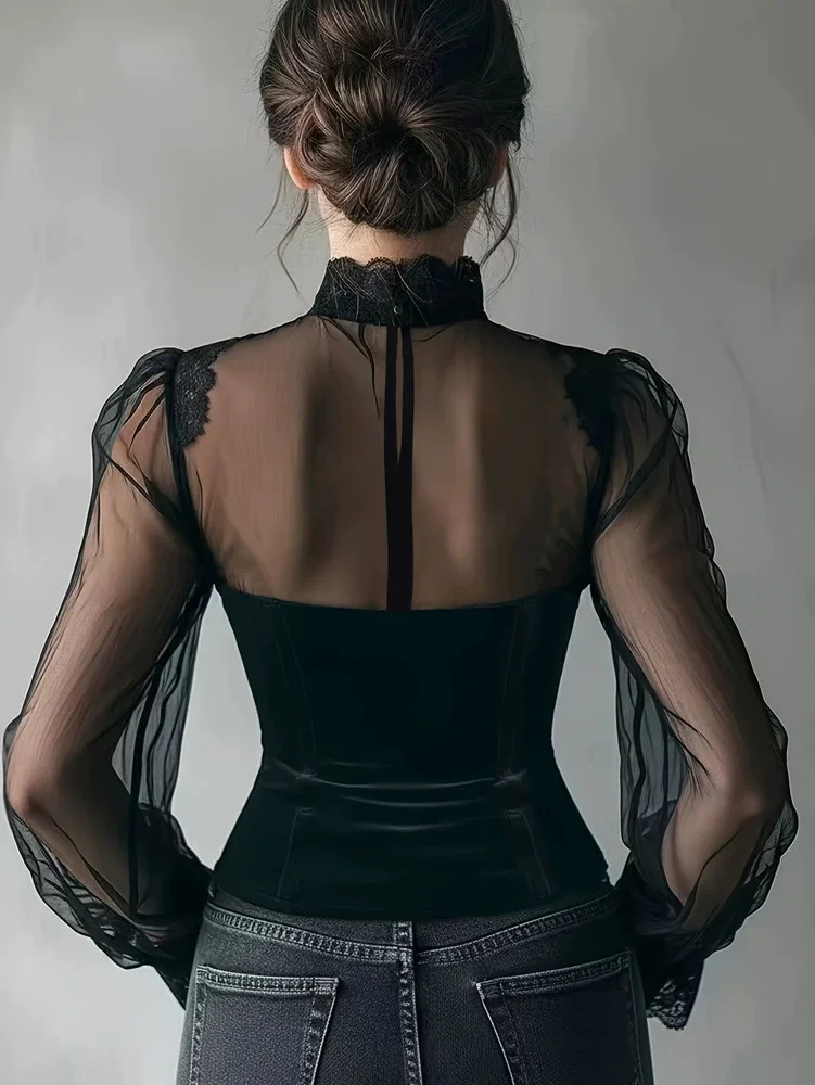 Vintage Elegante Mesh-Damenbluse Schwarze Transparente Slim-Fit Bluse mit Hohem Kragen Spitze Gothic Punk Korsett-Top Langarm Samt Mode-Blusen – Detail 21