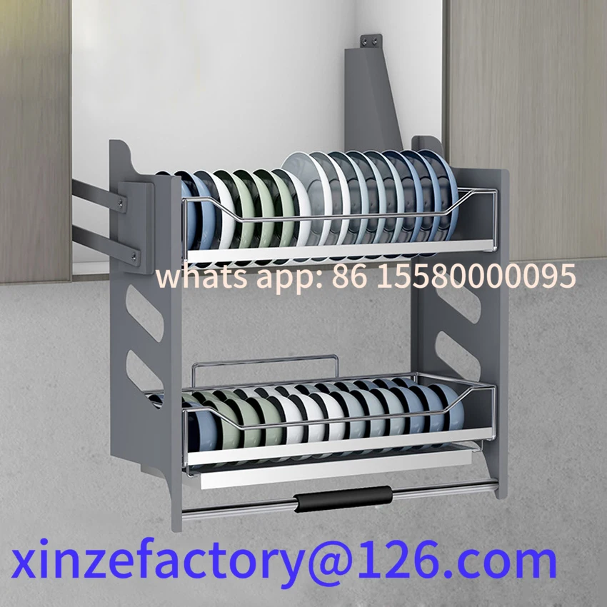 

Customizable Kitchen hanging cabinet lifting dishes pull baskets 304 stainless steel double layer Damping