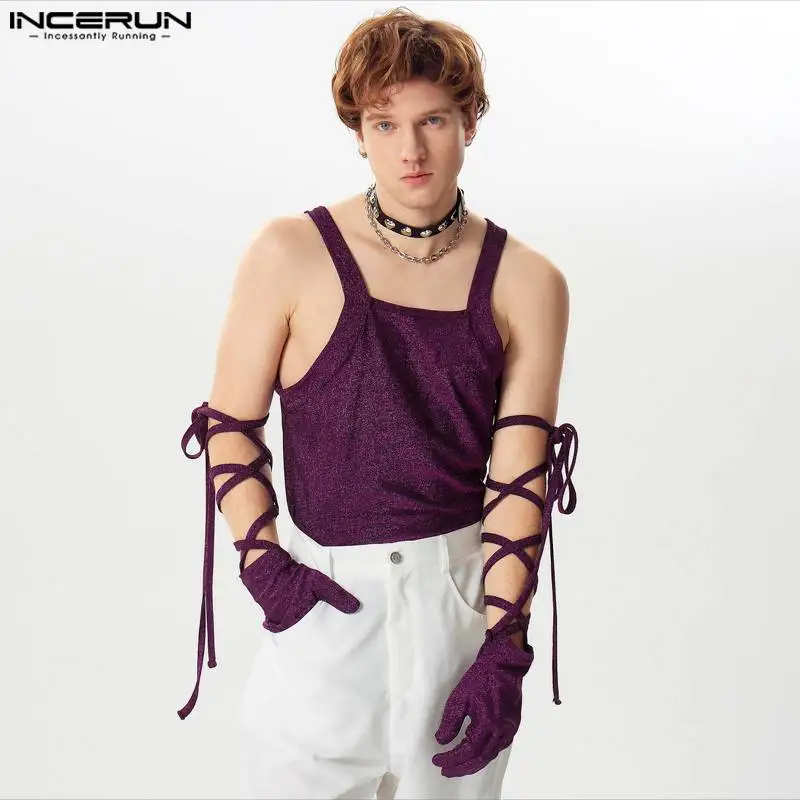 Men\'s Tank Tops Shiny O-neck Sleeveless Solid Color Gloves Casual Male Vests Summer Streetwear 2024 Fashion Men Clothing INCERUN