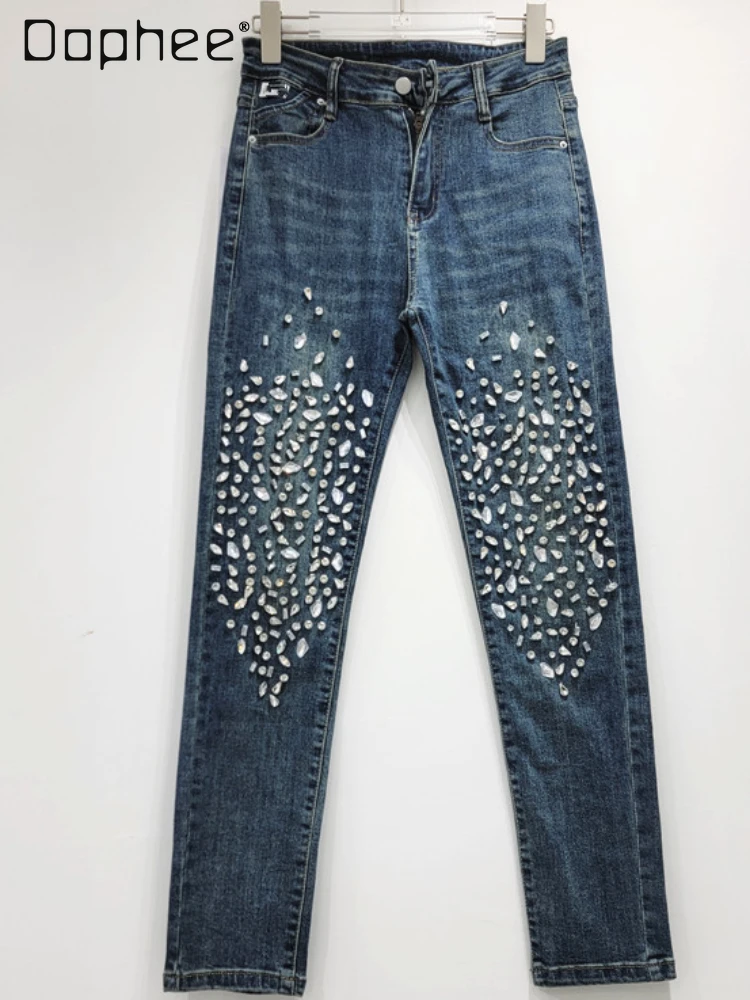 

European Goods Fashion Hand-Stitched Diamond Super Shiny Pencil Pants Spring Autumn Sexy Stretch Slim Fit Skinny Jeans Women