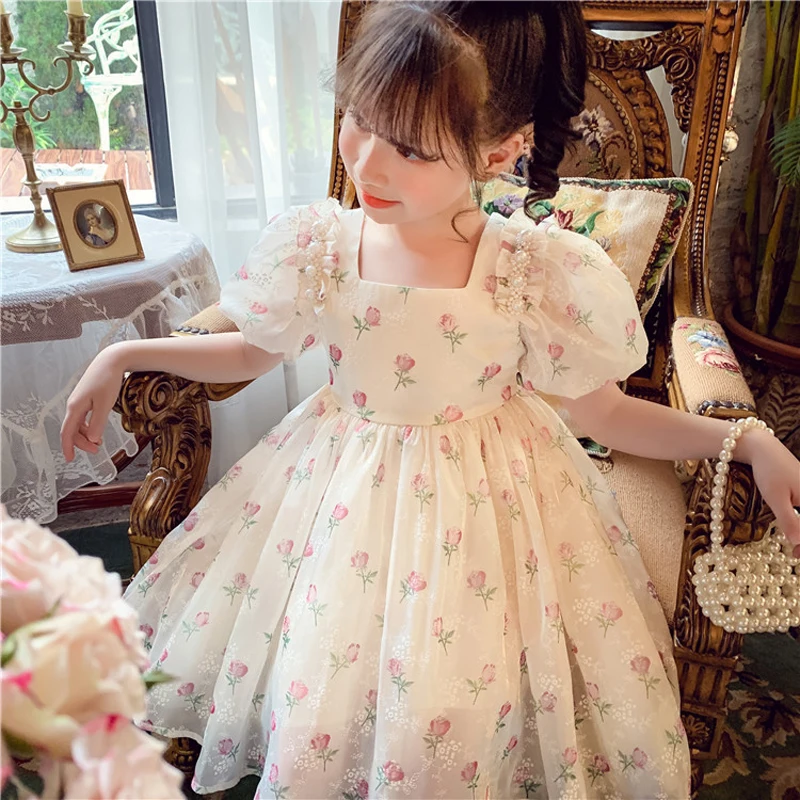 Summer New Girls Princess Dress Full Print Flowers Puff Sleeve Bow Mesh DresseTutu Birthday Party Gown For 2-8 Years Kids