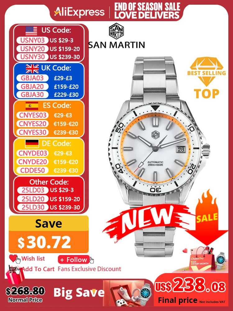 San Martin 2025 New Enamel Dial Full Luminous 39mm Dive Watch Luxury Men Watch NH35 Automatic Mechanical Waterproof 200m SN0129