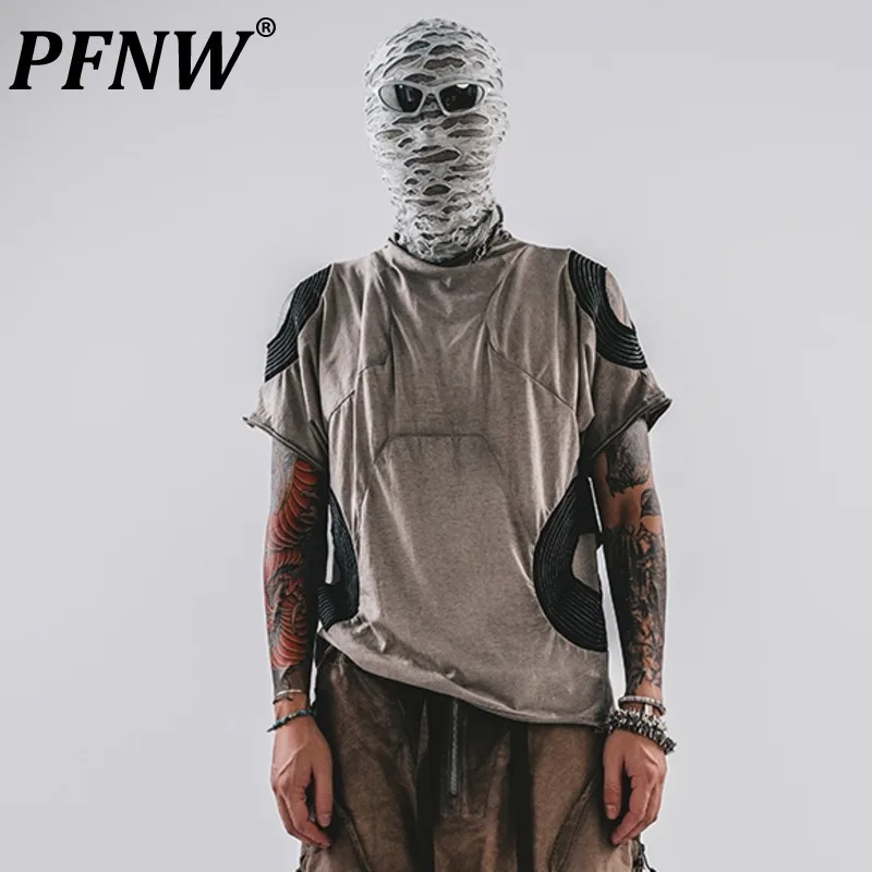 

PFNW New Autumn Men's T-shirts Irregular Patchwork Contrast Color O-neck Short Sleeve Worn-out Male Tees Personality 12C798