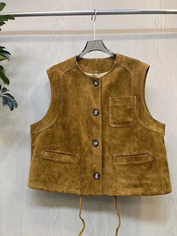 Ropa superior de cuero de ante para Mujer, Chaleco de cuero genuino, pantalón corto informal, estilo Retro británico, en capas, Chaleco para Mujer