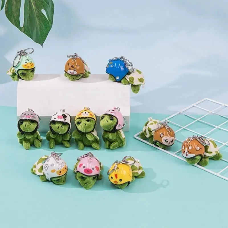 195C Wearing Helmet Ornament Bag Pendant Plush Various Animal Toy Purse Keychain for Birthday Gift Home Decorations