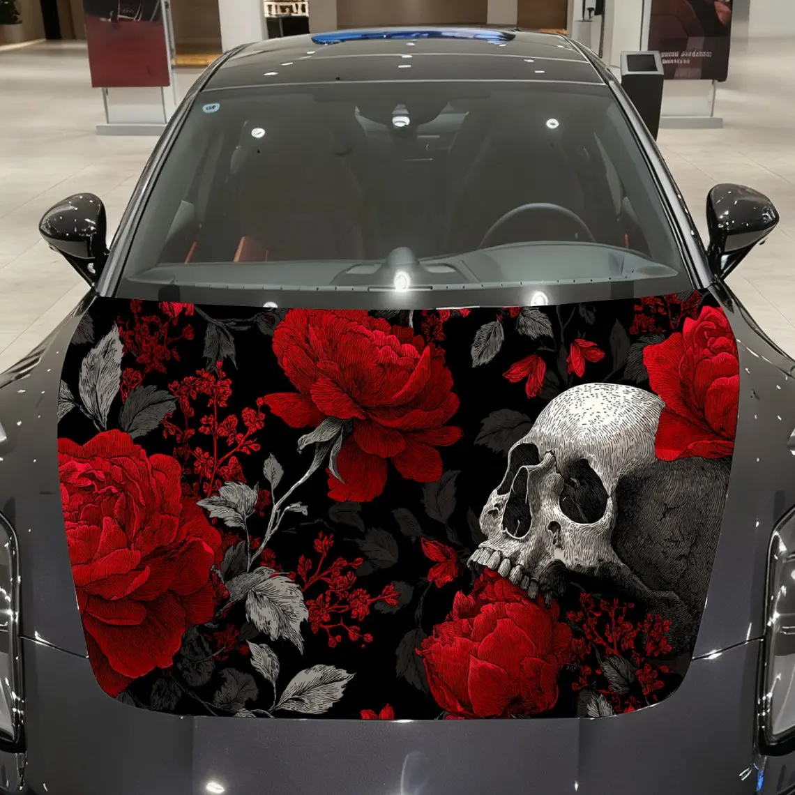 Car Decal Scarlet Floral with Bone-White Skull: Gothic Dark Aesthetic Car Hood Sticker, Waterproof Self - Adhesive Vinyl Graphic