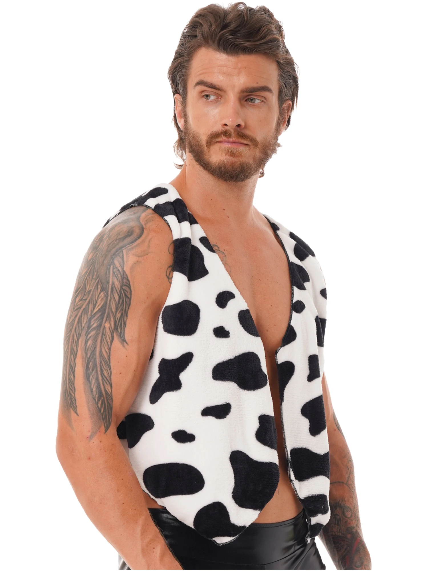 #S-4XL Men Adult Cow Print Flannel Waistcoat Tops Christmas Costume Fancy Dress Open Front Vest Vintage Hippie Costume Vest