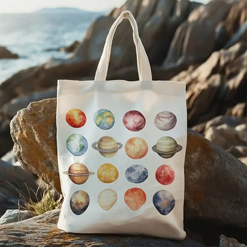 Watercolor Solar System Planets Canvas Tote Bag Space Astronomy Planet Print Shoulder Handbag for Students School Daily
