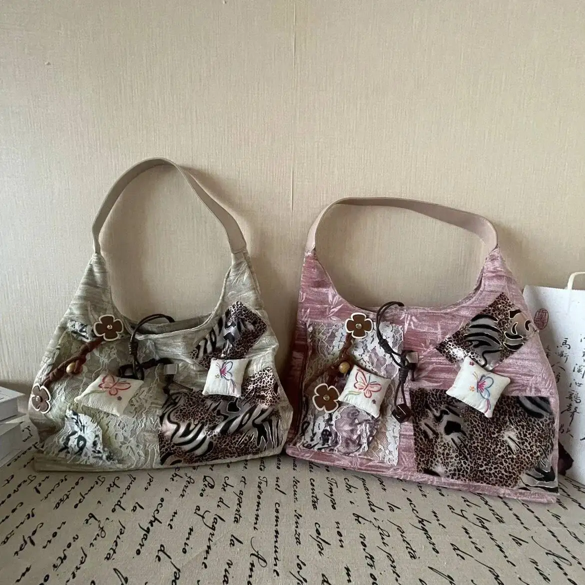 Bloom Haruku Pink Large Capacity Tote Bag Purse Women Retro Chinese Style Lace Shoulder Bags Ladies Vintage Y2k Handbag 2025