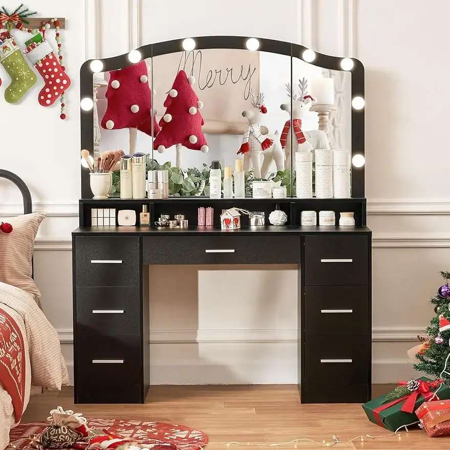 Vanity Desk with Large Lighted Mirror for Christmas Day, 43.3" Makeup Vanity Table with 7 Drawers & 10 Lights Bulbs, Black