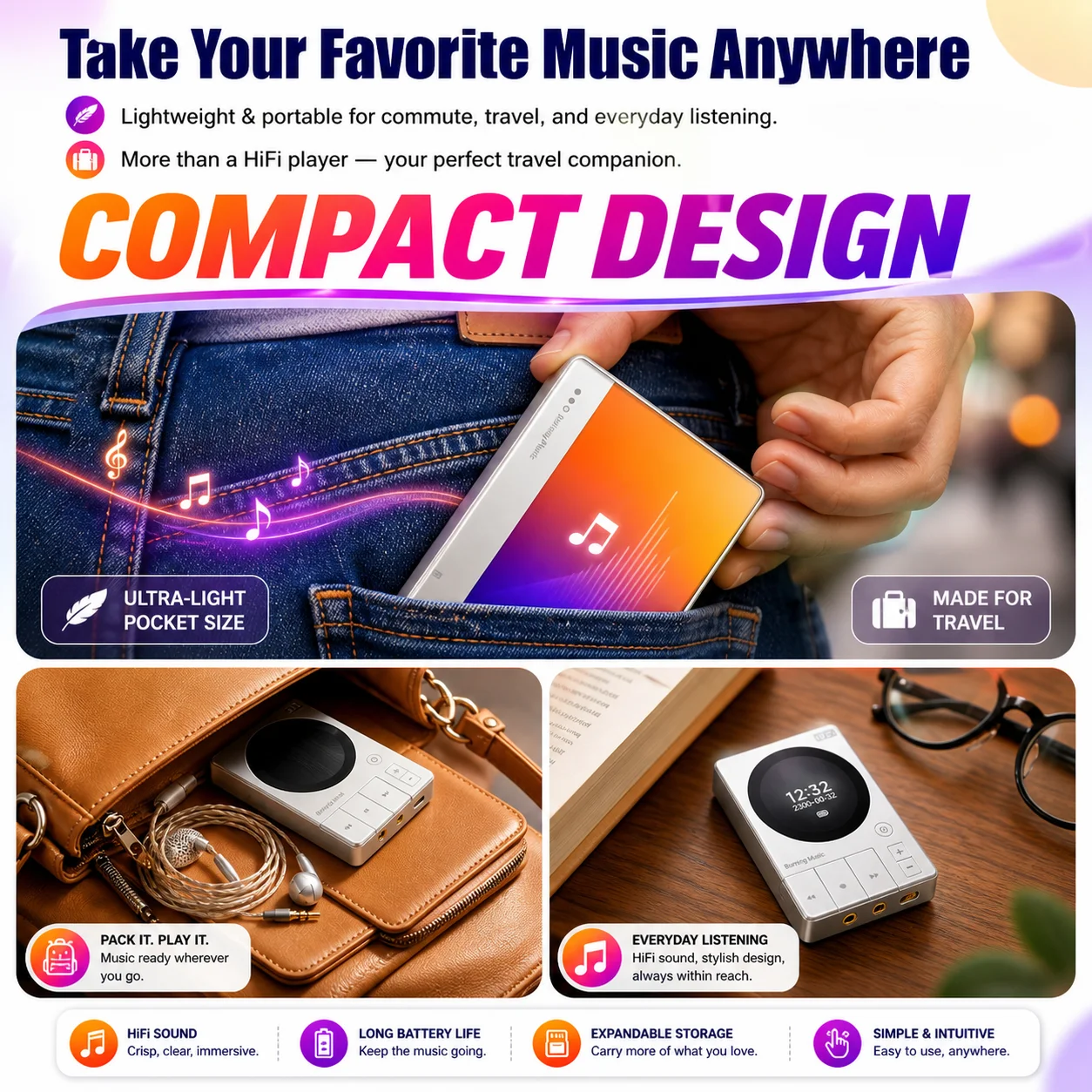 Portable MP3 Player with Screen Bluetooth 5.3 HiFi Lossless Audio DSD256 ES9018 DAC 1.5 Inch Touch Display 45H Long Battery Life view 4