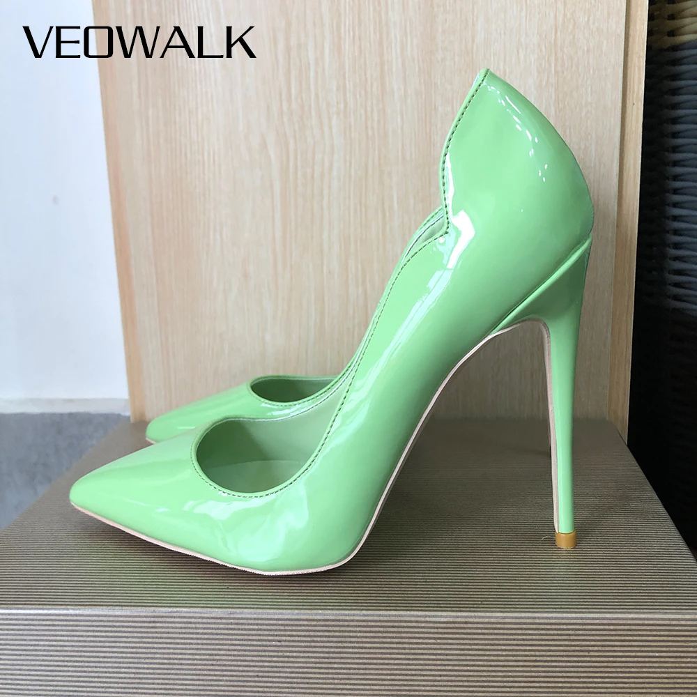 Veowalk Glossy Light Green Women Side Curl Cut Pointed Toe Stiletto Pumps Elegant Wedding Slip On High Heel Shoes Customizable