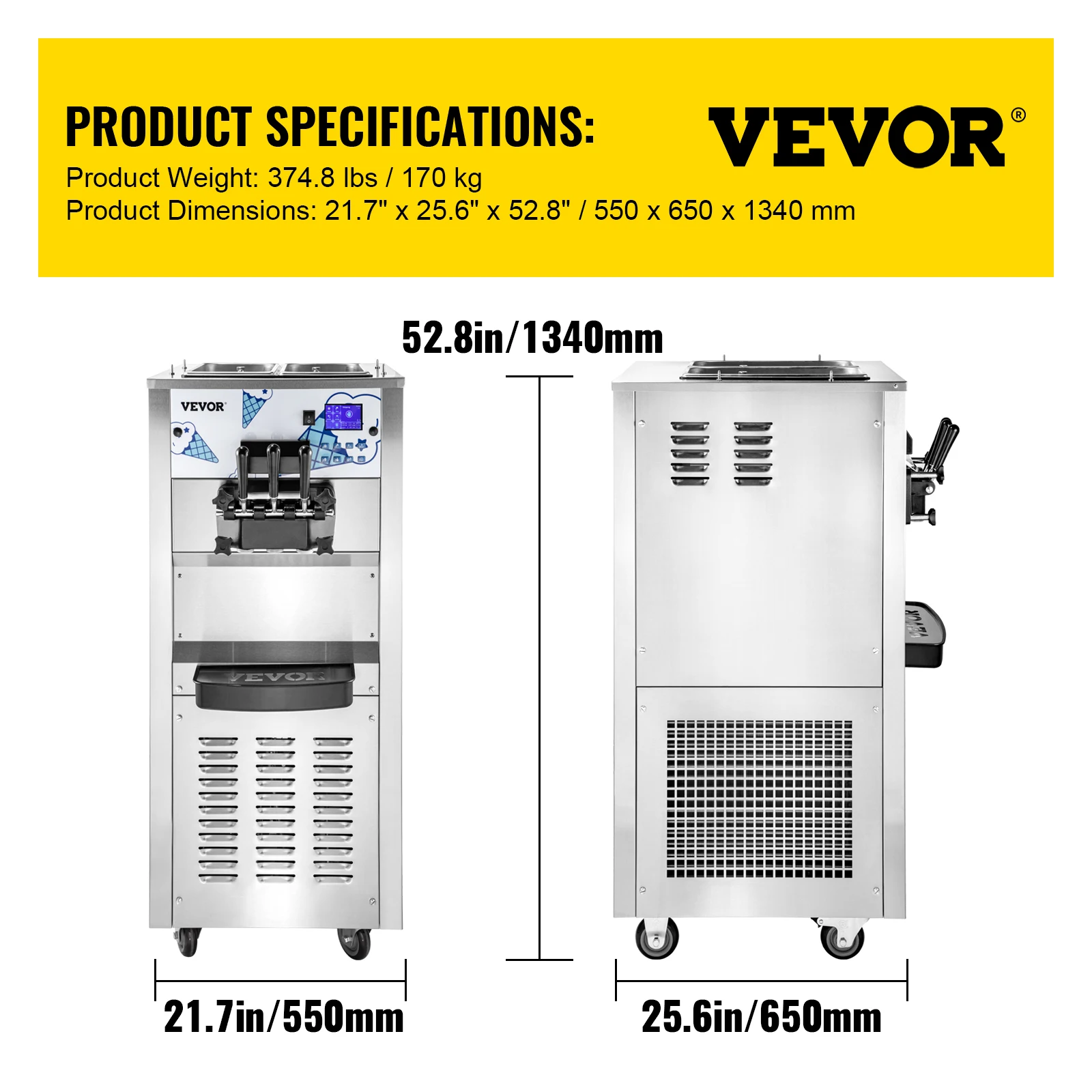 VEVOR 40L/H Soft Ice Cream Maker Commercial Mobile Tricolor Flavors Sorbet Sweet Cones Benchtop Gelato  Vending Freezing Machine