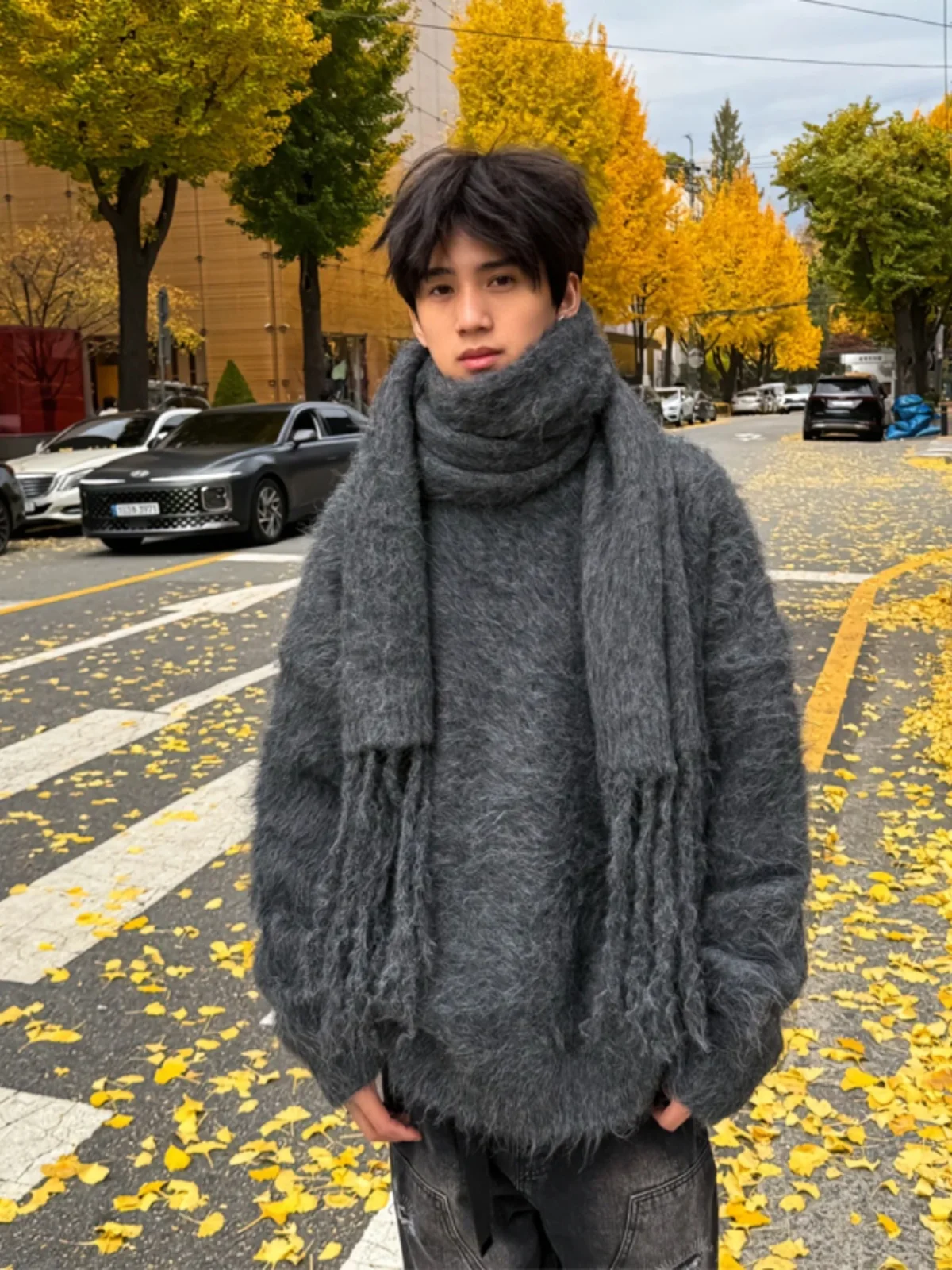 

Мужской вязаный свитер темно-серого цвета, утолщенный, с круглым вырезом, в стиле кэжуал, зимняя модная верхняя одежда, свободный крой, с длинными рукавами