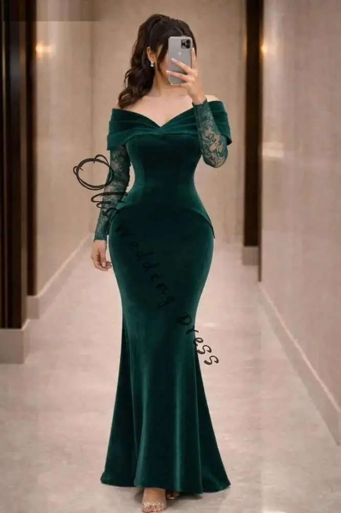 customized Evening Dresses Off-The-Shoulder Coustomize Mermaid Prom Dress Long Sleeves Formal Dresses Floor-Length