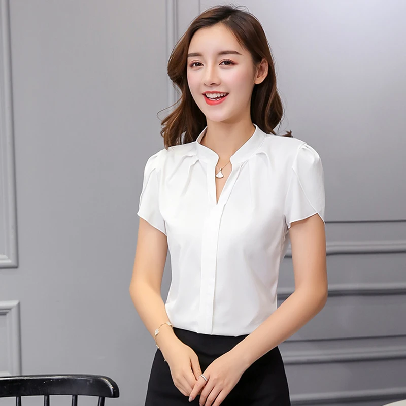 Women Chiffon Shirt Korean Elegant Slim Folds Short Sleeve Women Blouse New Casual Office Stand Collar All Match Ladies Tops