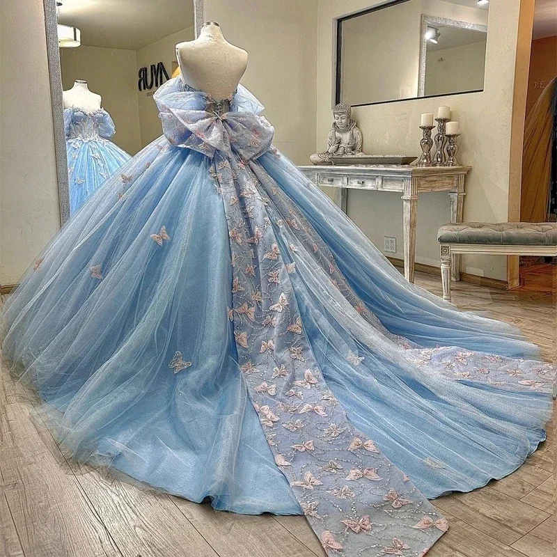 Exquisite Sky Blue Lace-up Princess Quinceanera Dresses With Bow Butterfly AppliqueBeads Gillter Corset Prom Sweet 16 Dress Vest