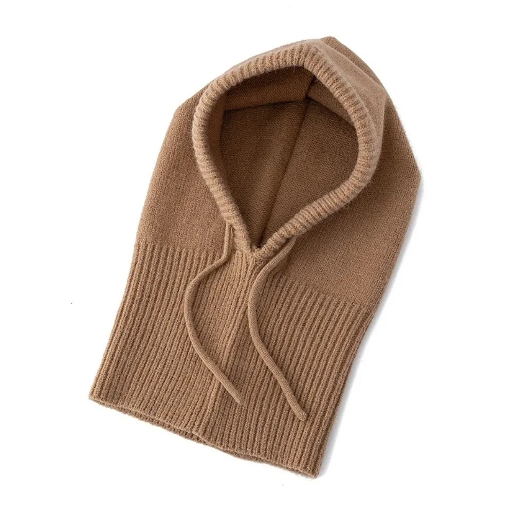 Thick Winter Knitted Hooded Caps Windproof Elastic Balaclava Hat Drawstring Adjustable Warm Insulation One-piece Neck Collar