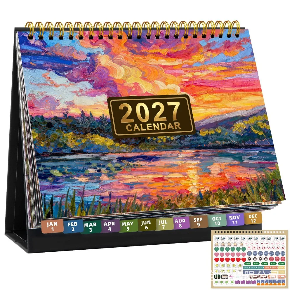 Floral Pattern 2027 Desk Calendar Standing Design Decorative Standing Flip Calendar Coil Binding Spiral Bound Table Calendar