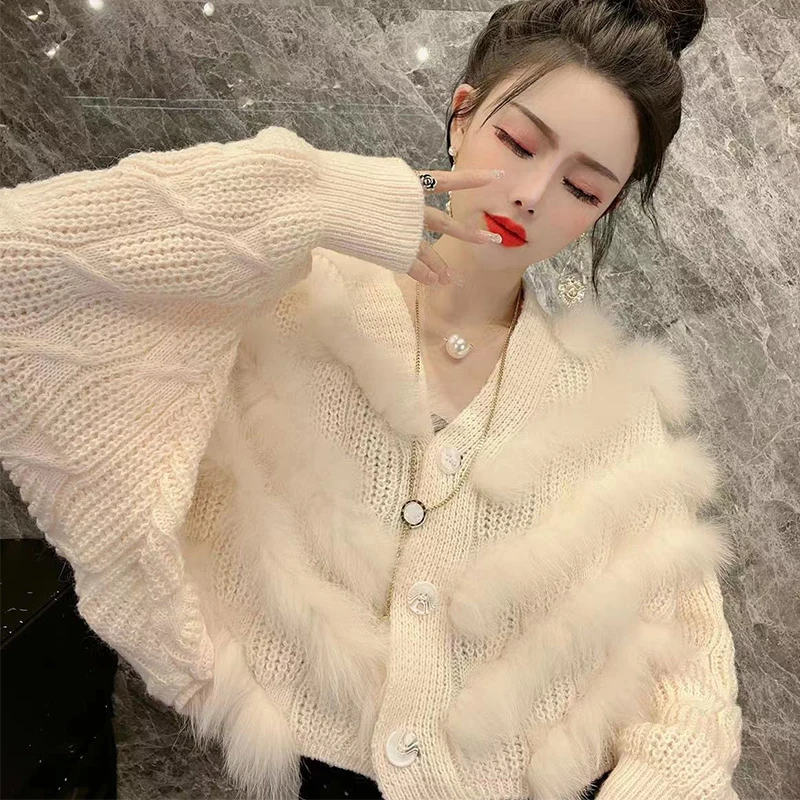 Spring Women Loose Real Fox Fur Decoration Sweater Autumn Girl's Fashion Real Fox Fur Knitted Wear