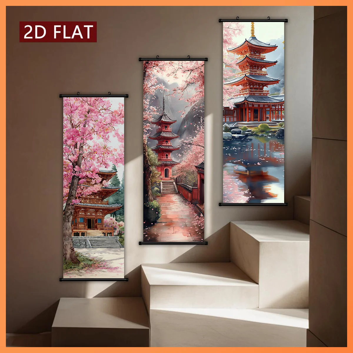 VIKAMA Japanese Style Cherry Blossom Pagoda Scroll Tapestry, Hanging Poster, Wall Art for Living Room Decor
