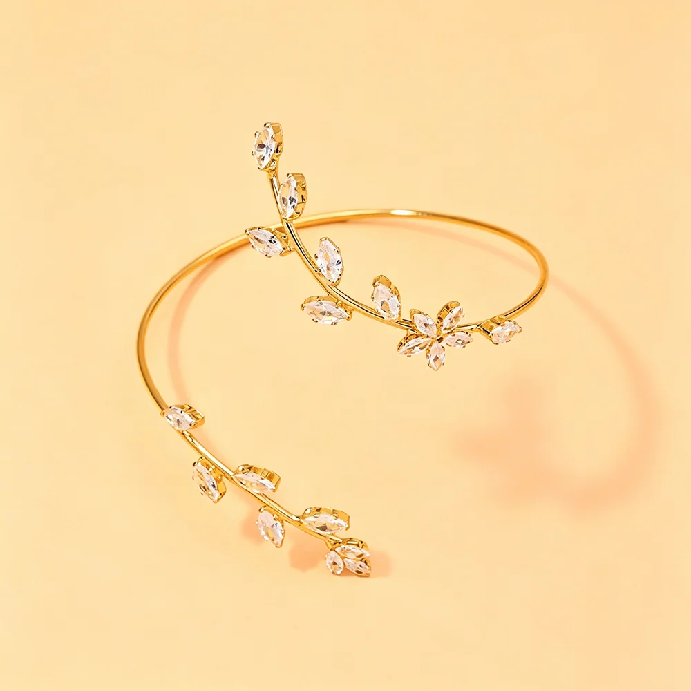 Women Upper Arm Cuff Bracelet Rhinestone Crystal Floral Leaf Vine Armlet Adjustable Jewelry for Bridal Wedding Party Festival