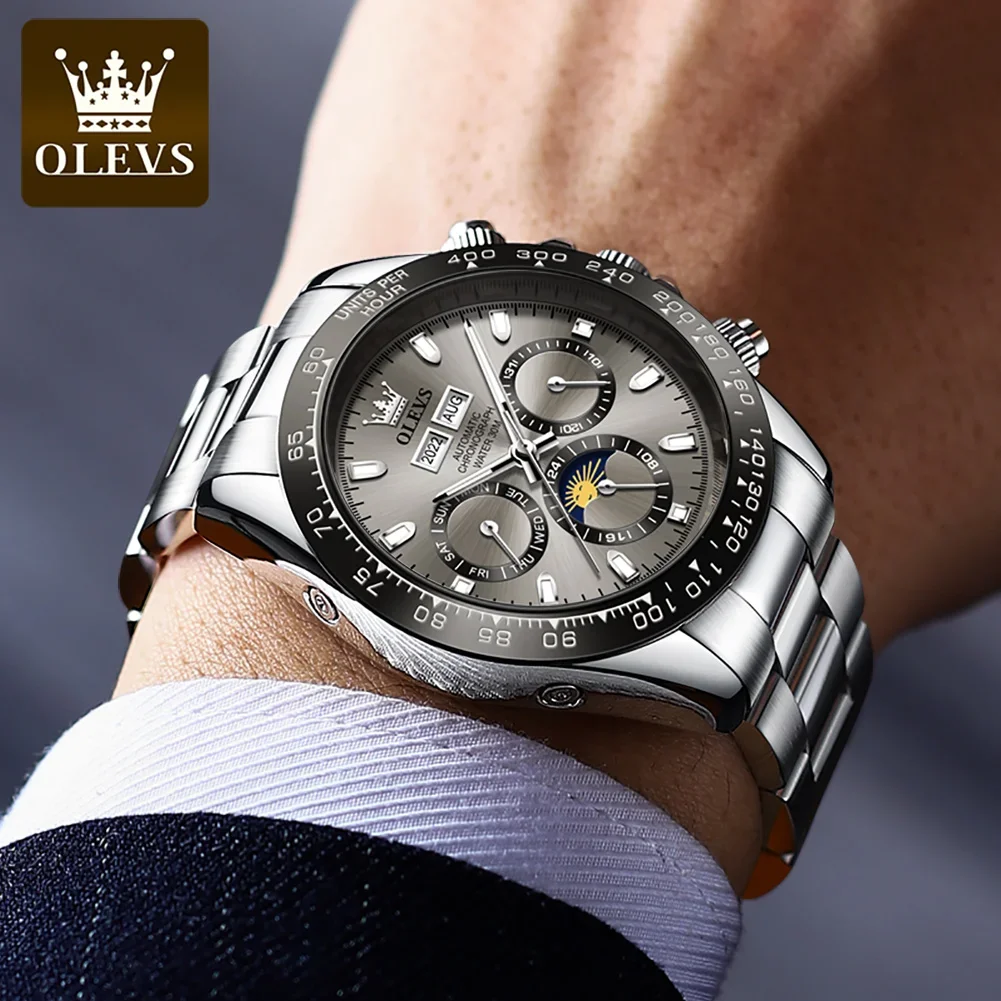 OLEVS 6654 Fashion Automatic Mechanical Men Wristwatch, Multifunctional Waterproof Stainless Steel Strap Watches For Men