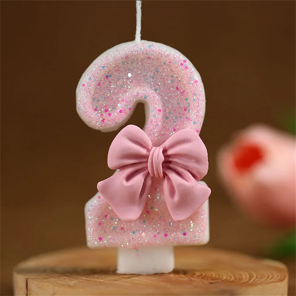 1Pcs Pink Bow Children\'s Birthday Candles 0-9 Number Purple Birthday Candles for Girls 1 Year Cake Topper Decoration