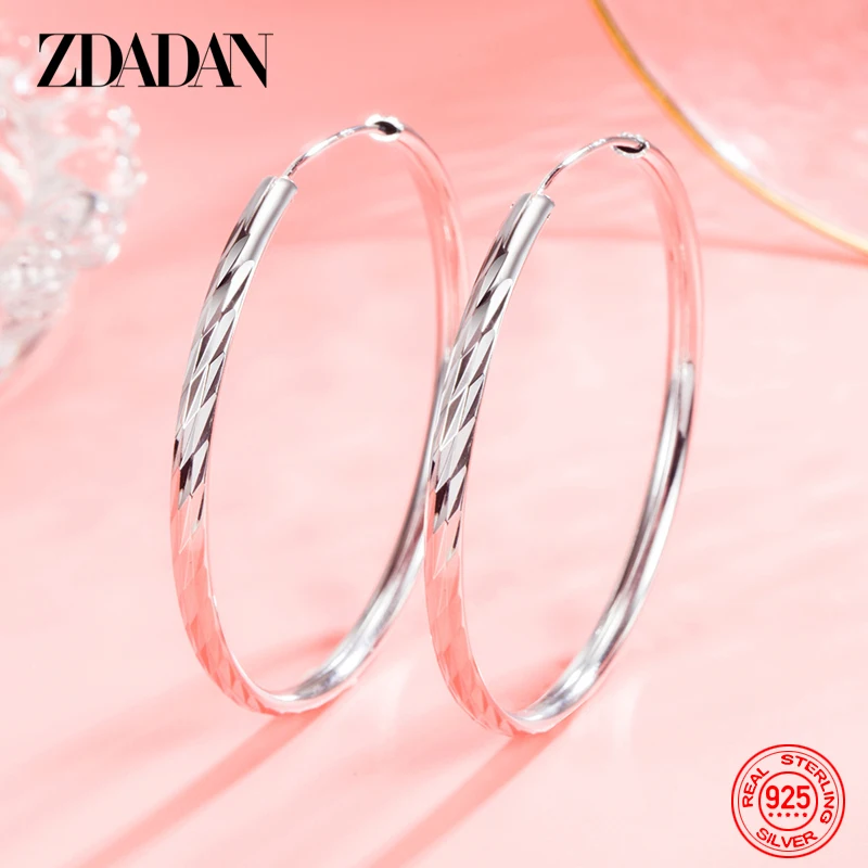 ZDADAN 925 Silver 30/40/50/60mm Round Circle Hoop Earrings For Women Fashion Jewelry