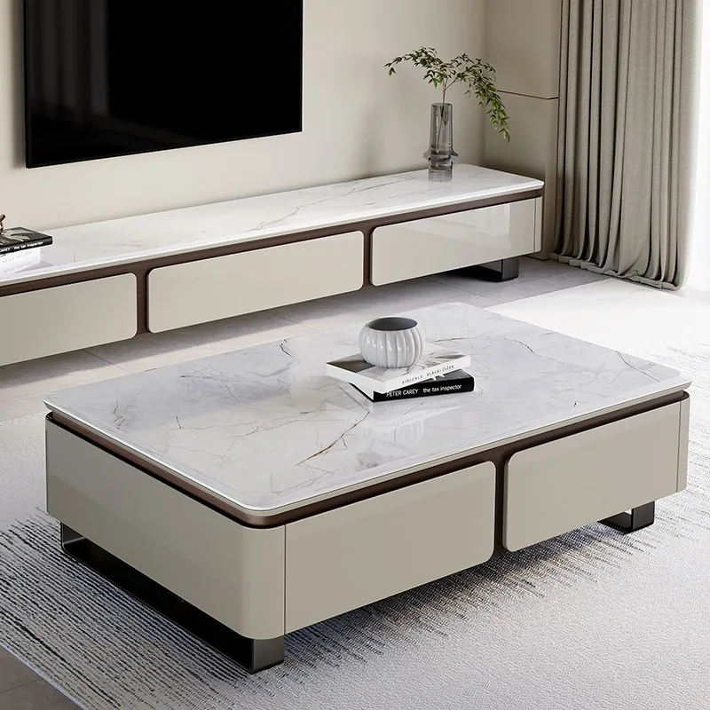 

Легкий и стильный журнальный столик из каменной плиты с местом для хранения, не требует сборки, простой и современный, подходит для небольшой квартиры.