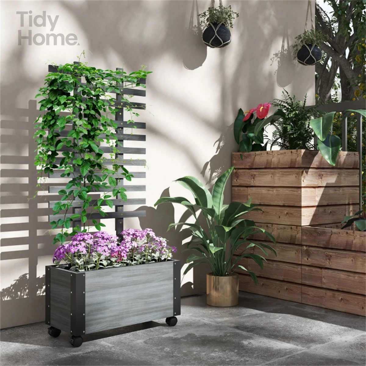 

Raised Garden Bed with Trellis, Outdoor Wooden Planter Box on Wheels for Vine Plants Flowers , Handcrafted Plant Stand Organizer