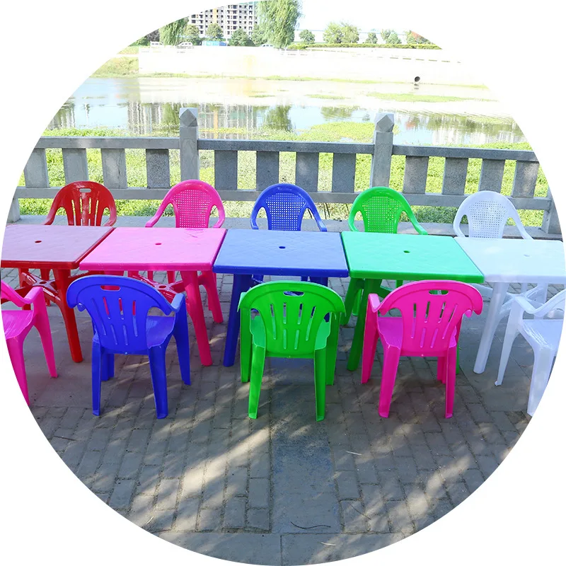 

Outdoor plastic table and chair stool thickened pp plastic pluggable umbrella large gear table and chair backrest