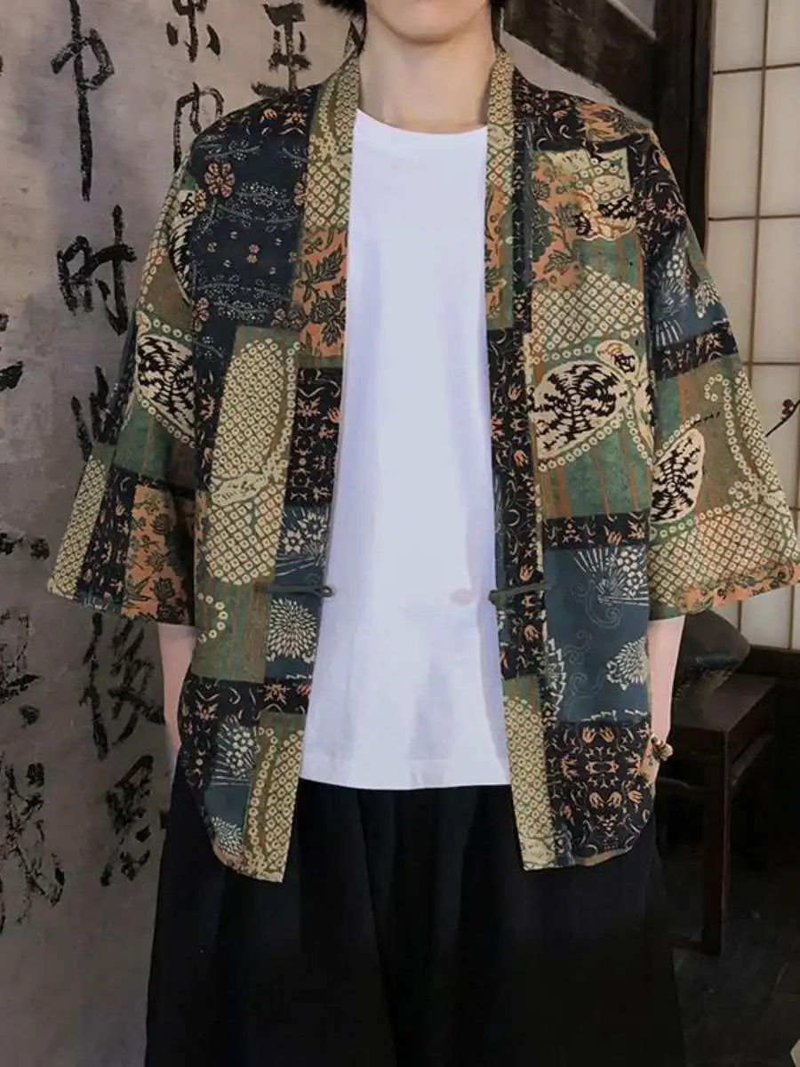 New Men's Fashionable Ethnic Style Open Cardigan Sun Protection Clothing Hanfu Robe Travel Outfit Large Size Polyester Material