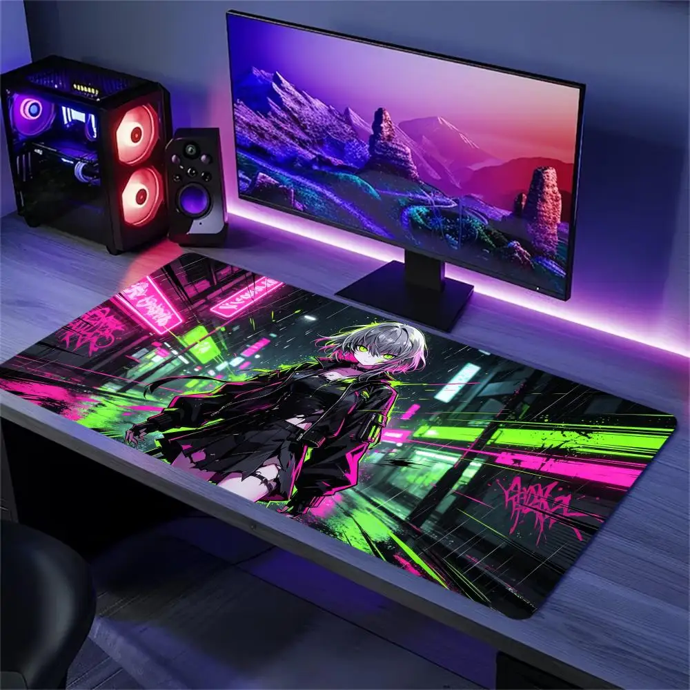 Game Pad Neon Cyberpunk Anime Girl Non Slip Rubber Lock Edge Keyboard Pad E-Sports Gamer Office Laptop Desktop Cushion
