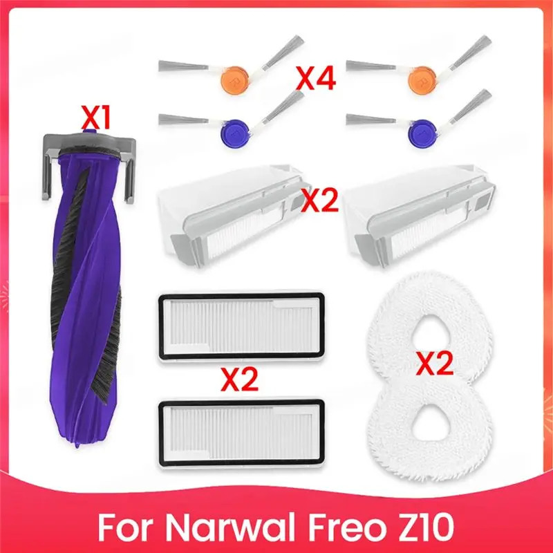

Запчасти для пылесоса Narwal Freo Z10: основная щетка, боковая щетка, HEPA-фильтр, салфетка для влажной уборки, мешок для сбора пыли, аксессуары.