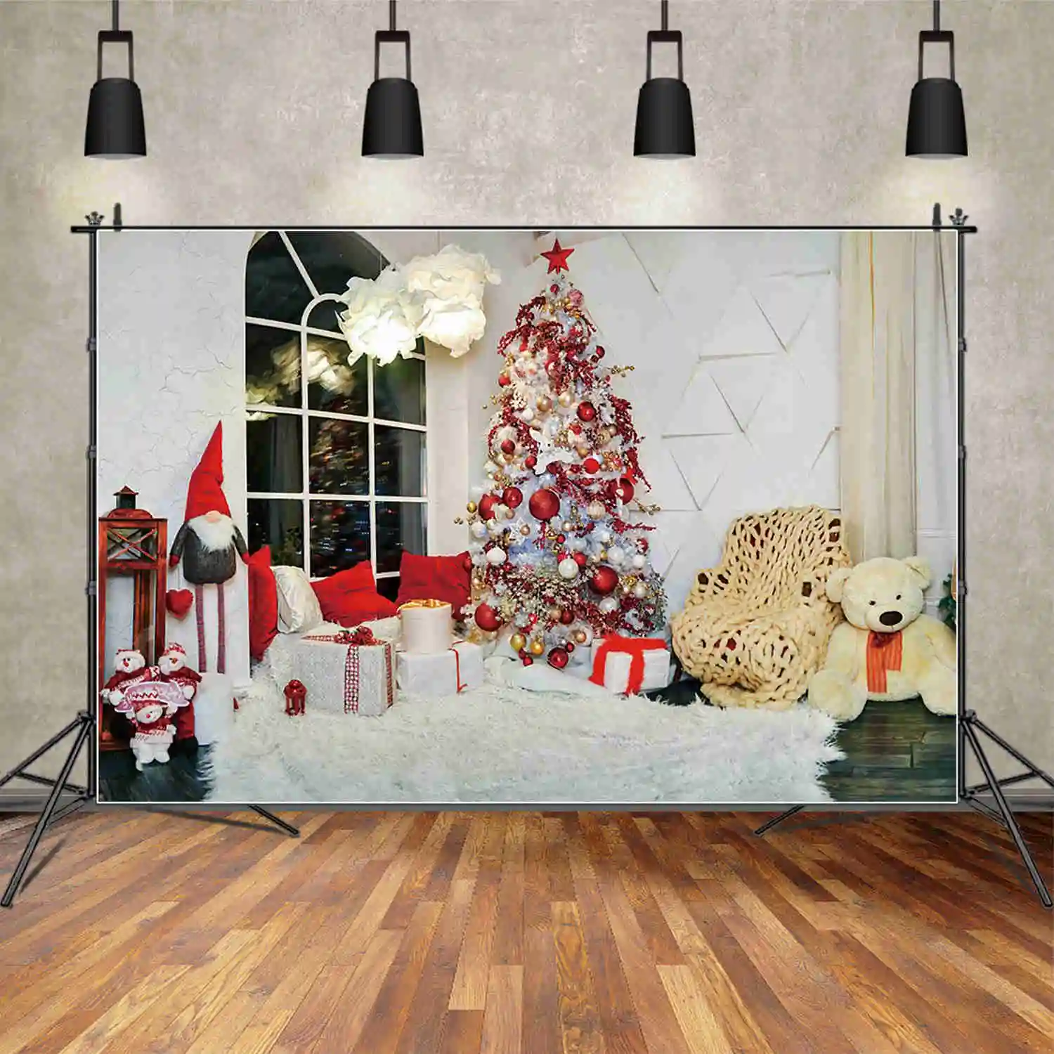 MOON.QG Happy New Year Background Photography Xmas Trees Sofa Interior Photozone Backdrop Children Photo Studio Photocall Props