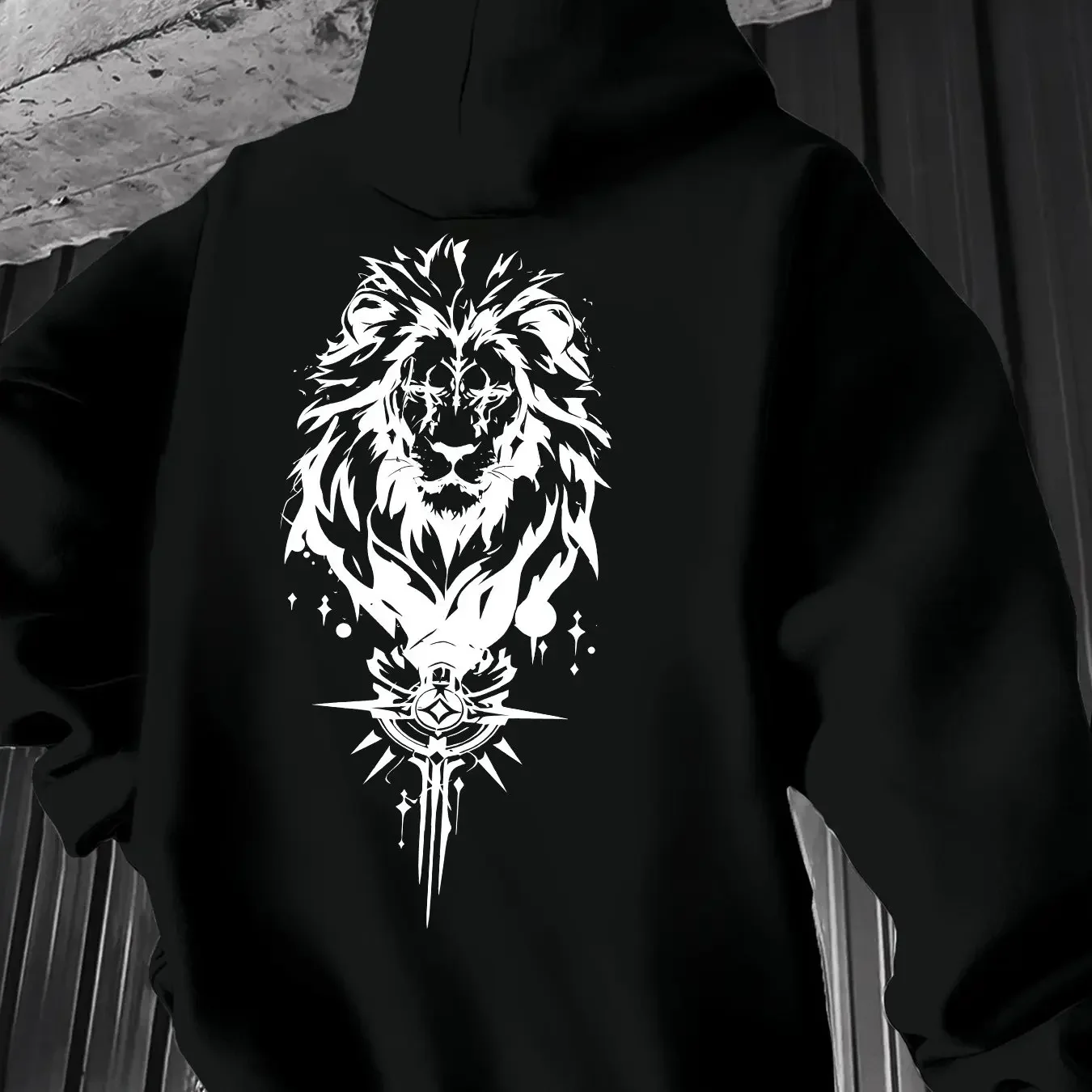 New Men Mystic Lion Head Compass Ornament Back Print Hoodie Wild Animal Aesthetic Graphic Loose‑fit Streetwear Sweatshirt