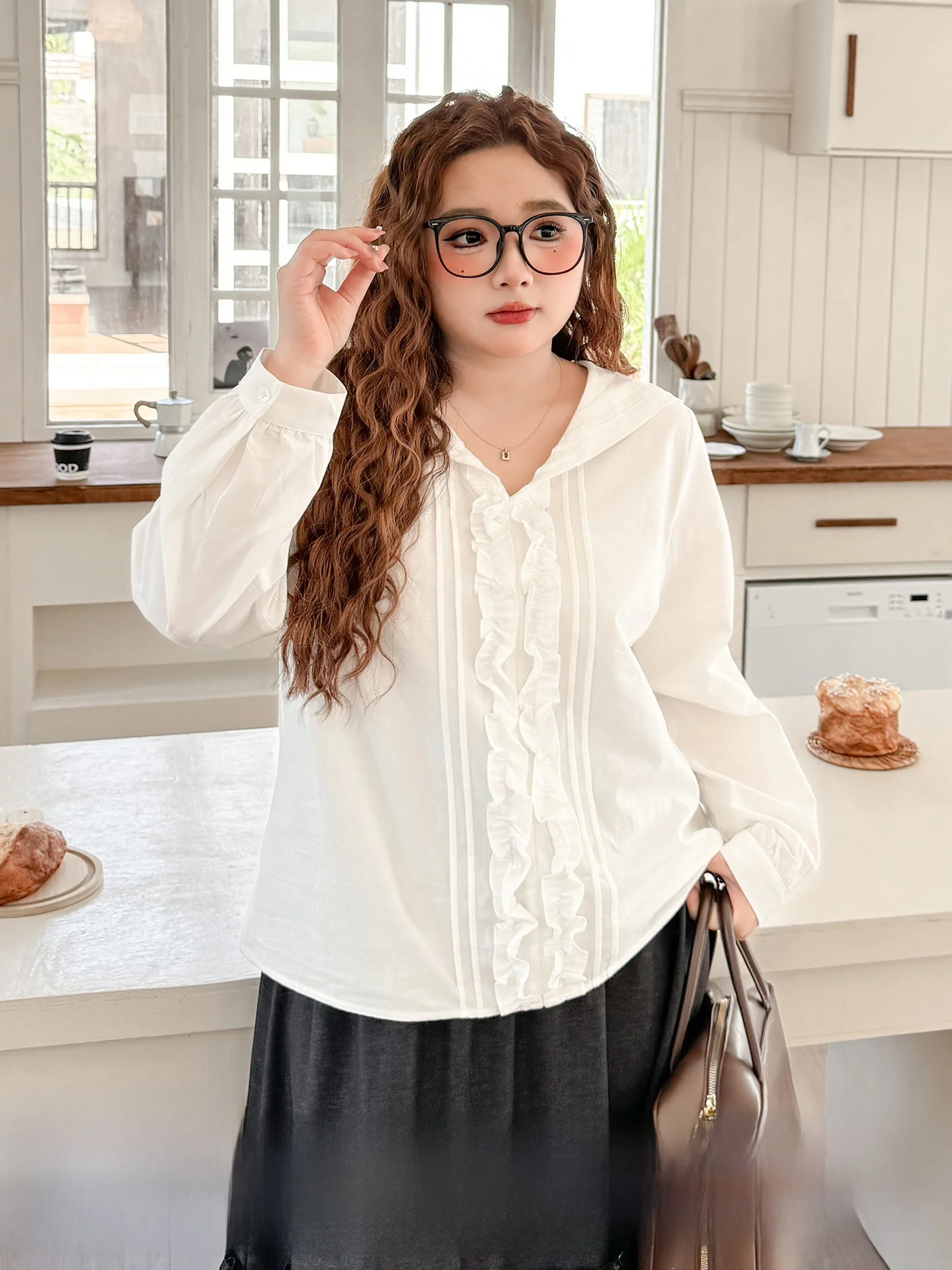 

Artistic Large Size Women's irt Spring Faion Long Sve Navy Collar Earlet Trim 200 Pou Top Cotton French Sle Loose...