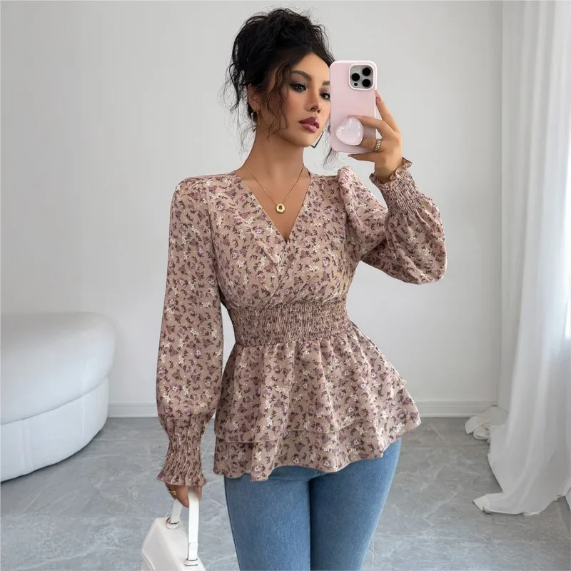 Elegance Women's Shirt Spring And Autumn Slim Flower Print Corset V-neck Puffed Sleeves Ladies Top Fresh Sweet Office Lady Tops