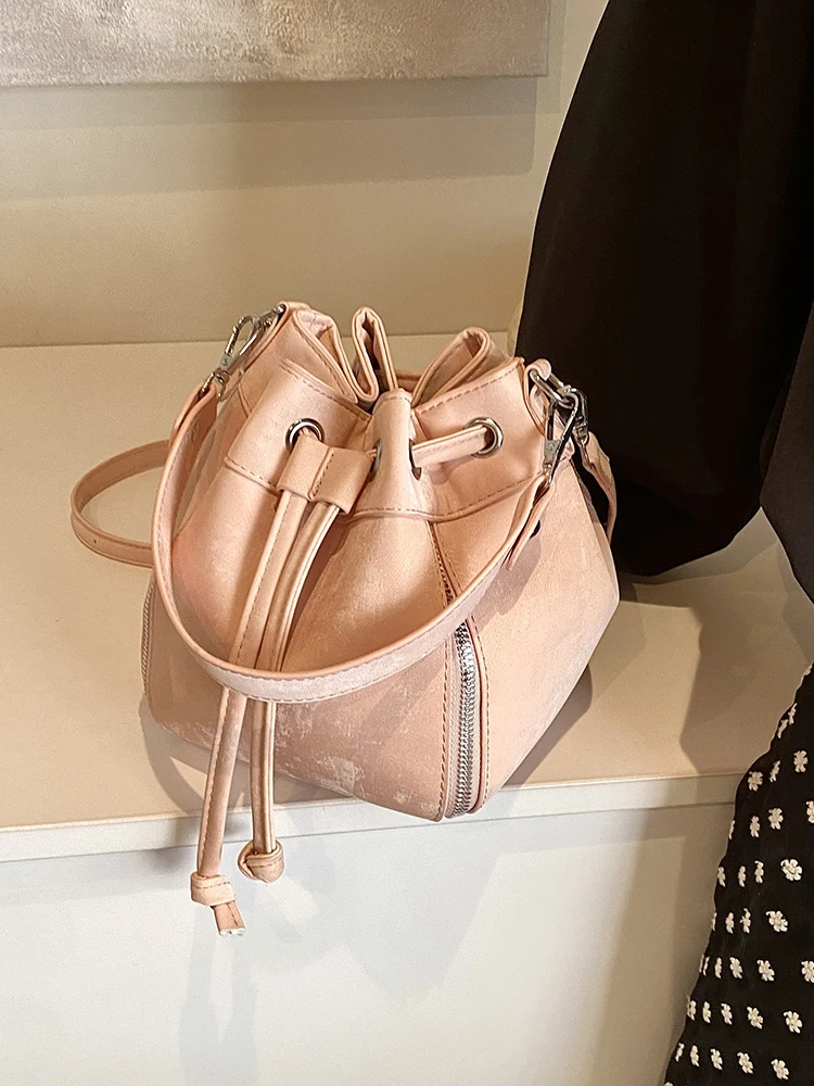 

Korean Retro Frosted Drawstring Bucket Bag For Women 2024 New Solid Color Versatile Handbags Pink One Shoulder Crossbody Bags