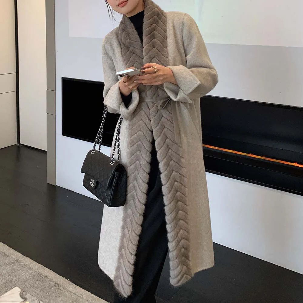 2025 inverno feminino jaqueta outerwear cinto 100% casaco de caxemira com gola de pele de vison real natural guarnição de pele de vison misturas de lã