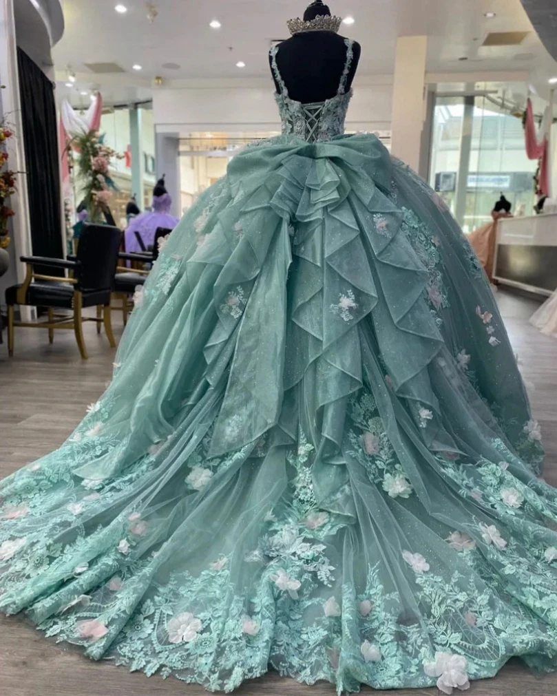 Green Charro Quinceanera Dresses Ball Gown Sweetheart Tulle Floral Lace Mexican Sweet 16 Dresses 15 Anos Customized