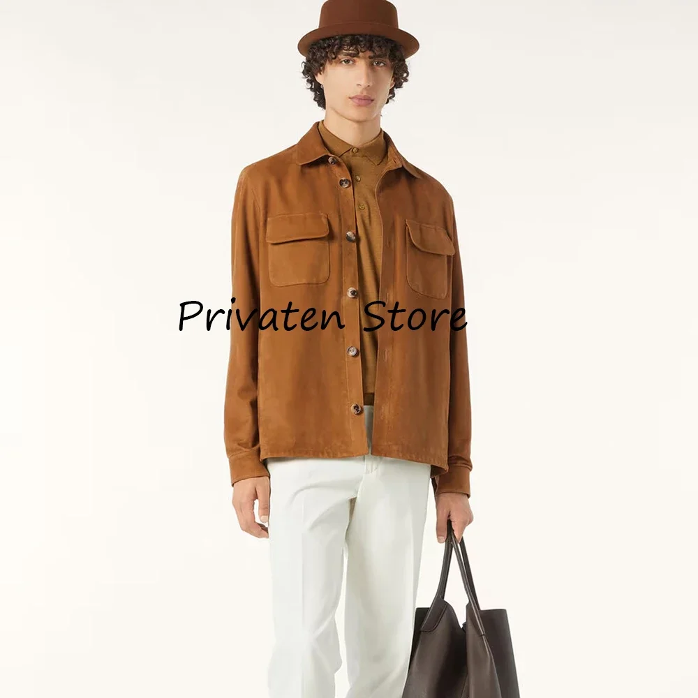 

Fashion Suit Jackets Casual Blazers for Man Concealed Pockets and Double Chest Pockets Suede Jacket Single-breasted Lapel Collar